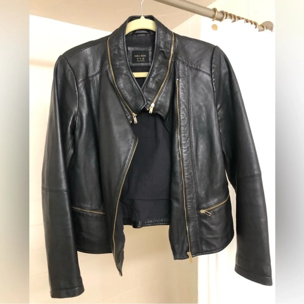 Zara Black Leather Women’s Zippered Moto Jacket, fitted, casual, stand collar, L - Picture 4 of 12